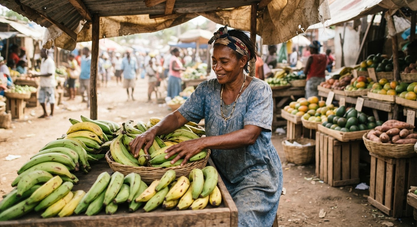 Vann planten nan yon mache Ayisyen. Fwi ak legim lokal yo se baz pou manje vegan ki bon mache.