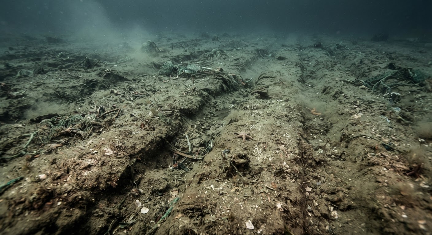 Fundo marinho danificado com rastros de equipamento de pesca visíveis e vida marinha escassa.