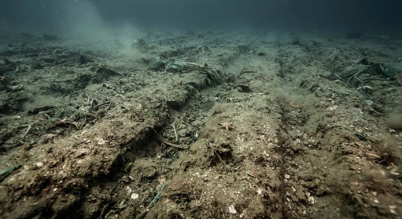 Fundo marinho danificado com rastros de equipamento de pesca visíveis e vida marinha escassa.