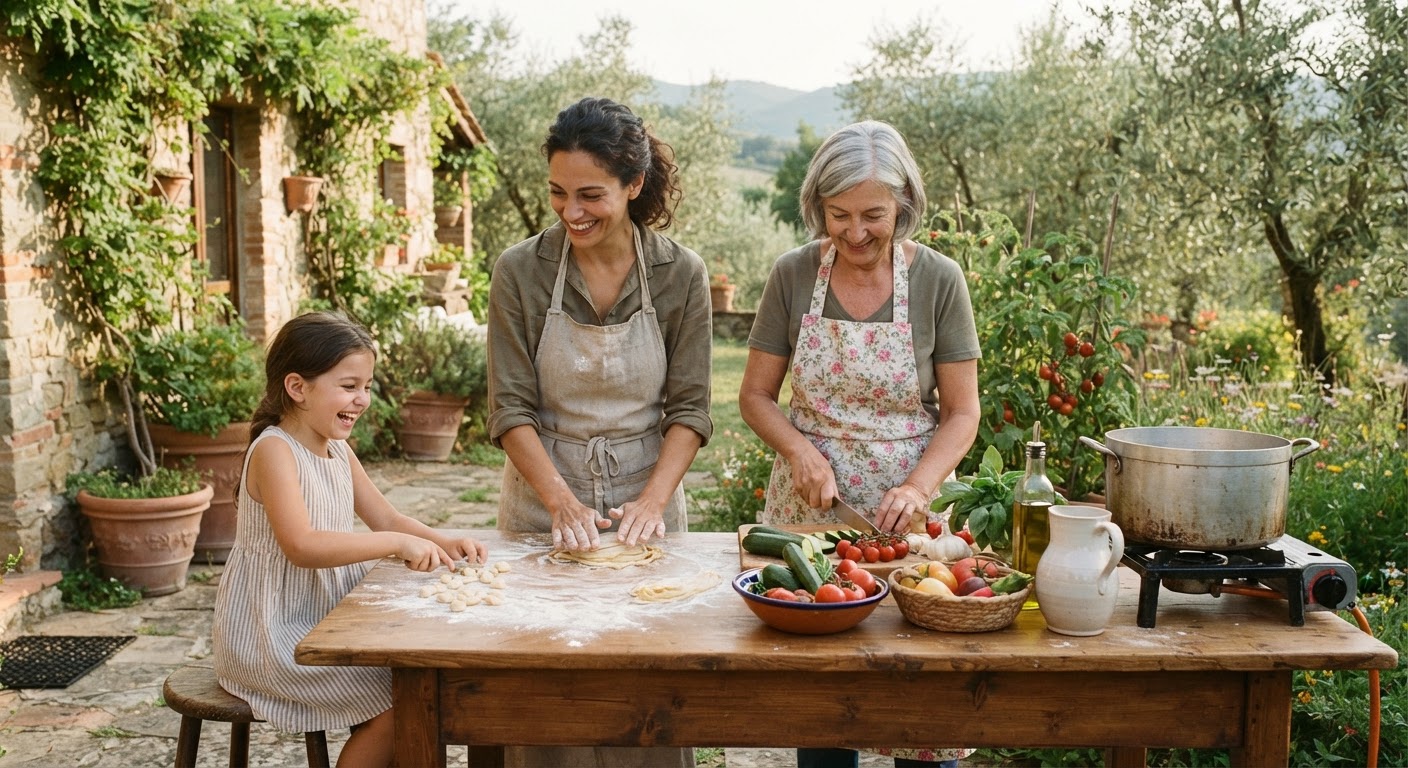 Famiglia italiana che cucina pasta con verdure fresche in un giardino soleggiato.