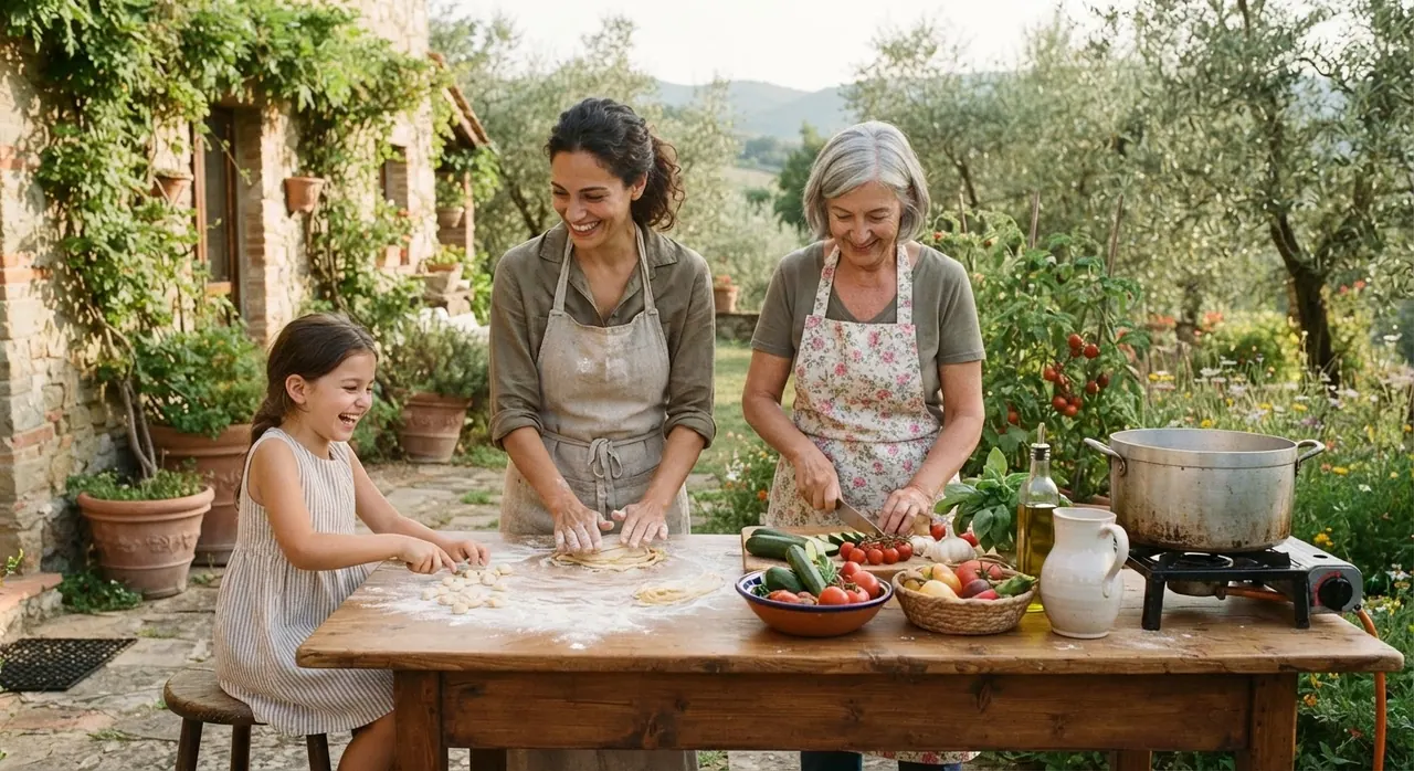 Famiglia italiana che cucina pasta con verdure fresche in un giardino soleggiato.