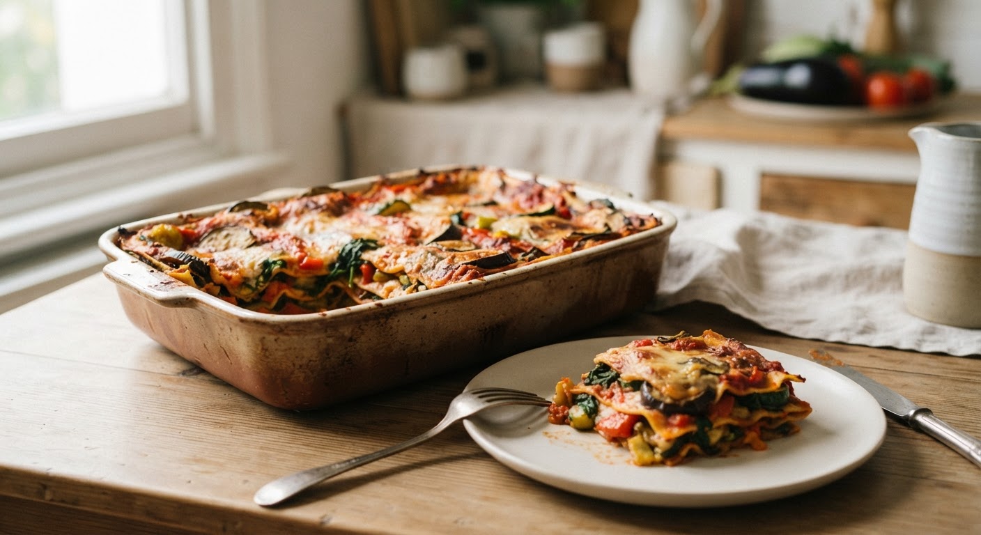 Una parmigiana di melanzane vegana, un classico rivisitato con ingredienti vegetali.