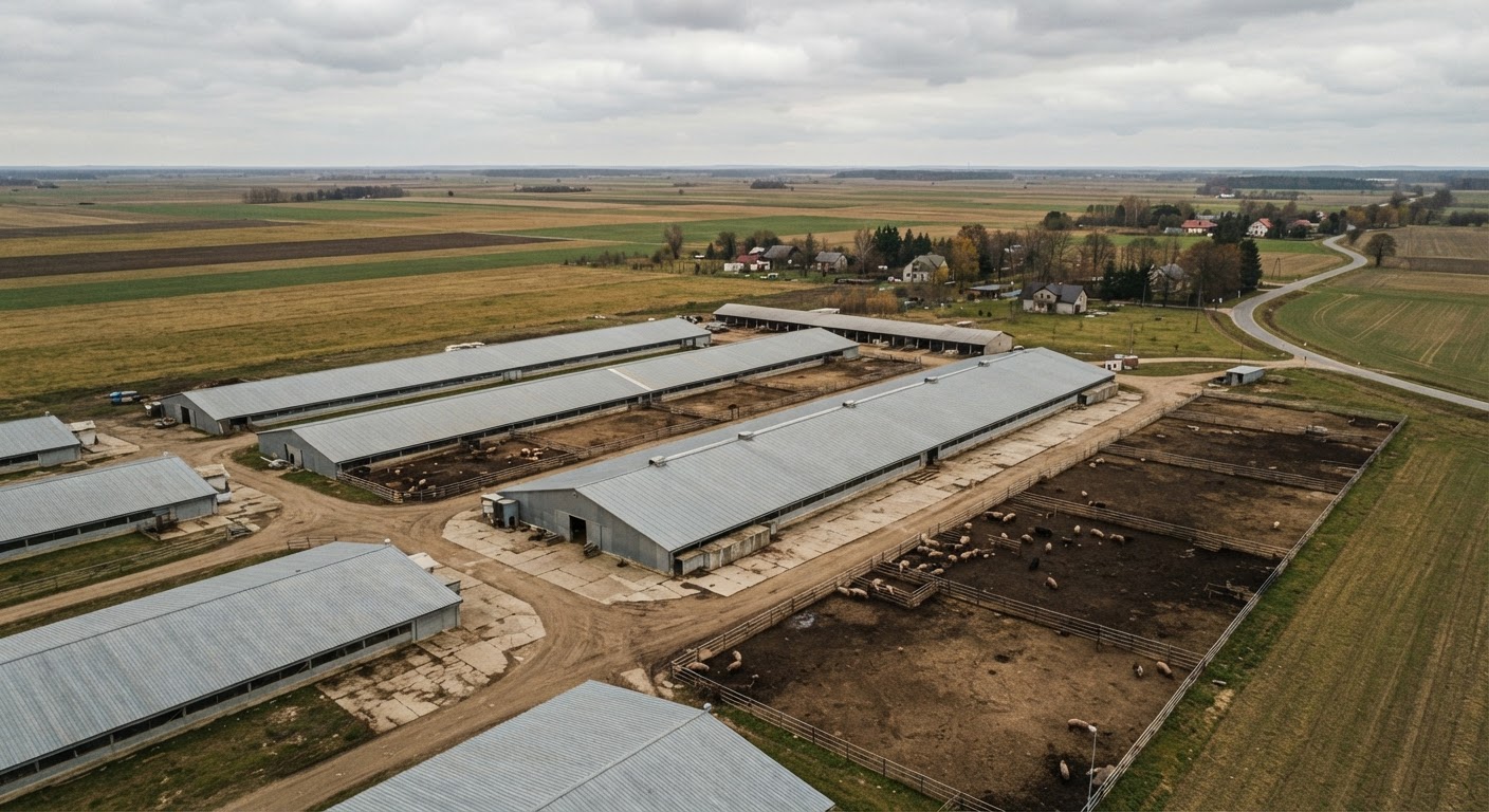 Widok z lotu ptaka na gospodarstwo hodowlane w Polsce