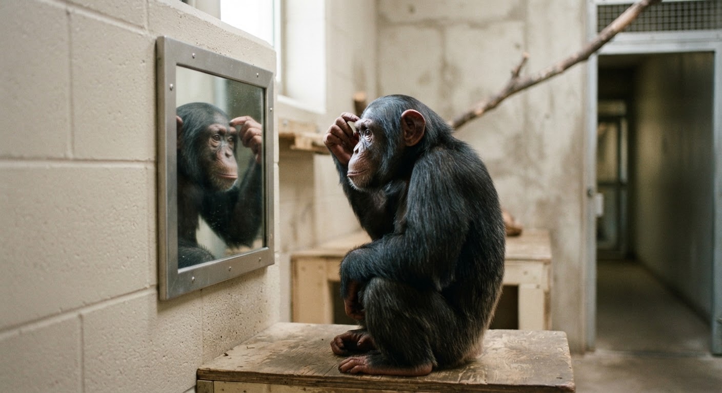 Yon chimp anze ap egzamine tèt li nan yon glas.