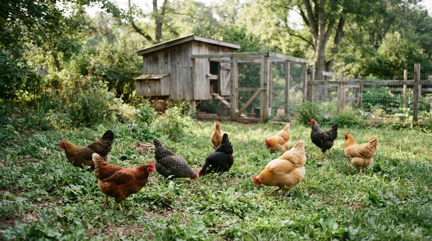 A small flock of chickens freely roaming in a grassy backyard with a coop in the background.