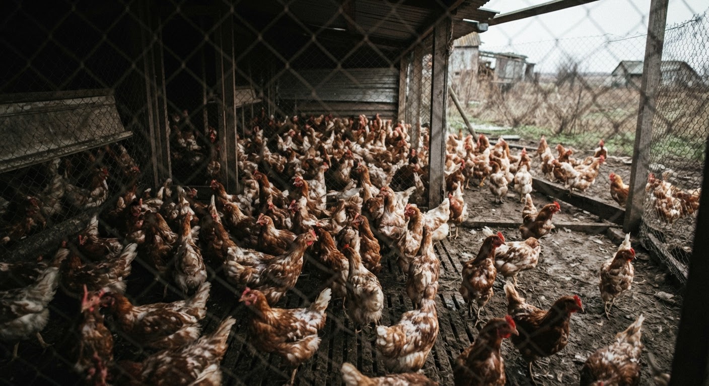 Overcrowded conditions in a backyard coop can lead to stress and disease.