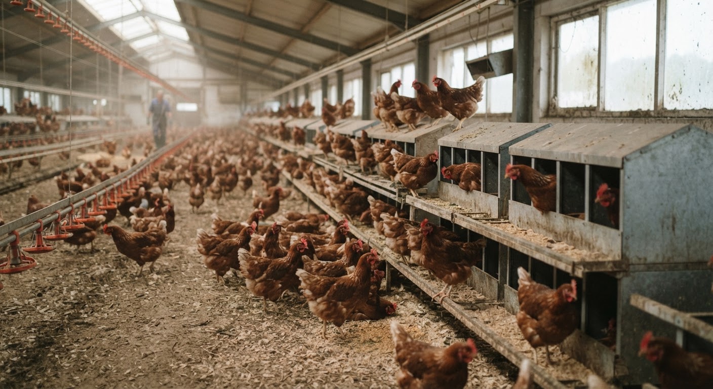 Barn-laid systems offer more space than traditional cages but can still present welfare challenges.