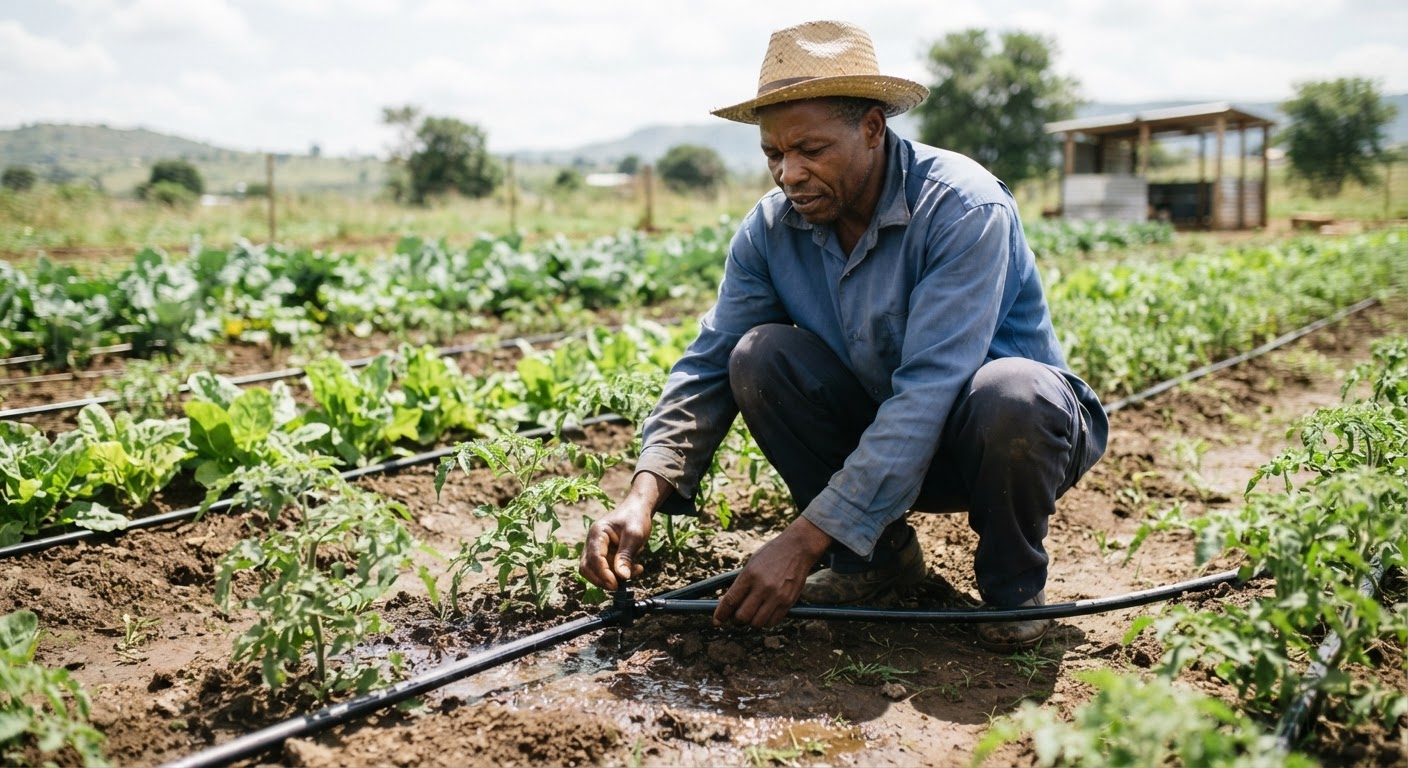 Mkulima akitumia mfumo wa matone (drip irrigation) kuhifadhi maji kwenye shamba lake la mboga, mbinu muhimu katika maeneo kame.