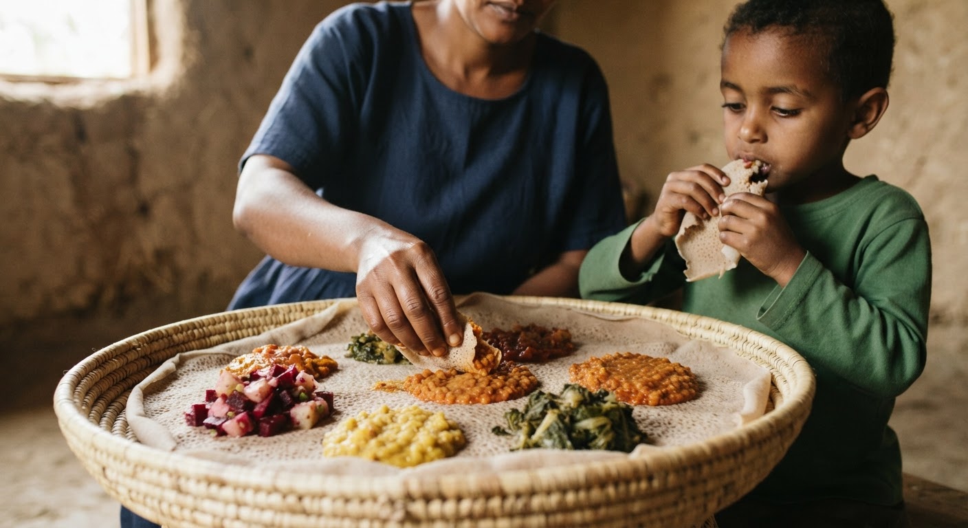 ኢንጀራ ከብዙ የኢትዮጵያ የቬጀቴሪያን ምግቦች ጋር የሚቀርብ ዋና ምግብ ነው።