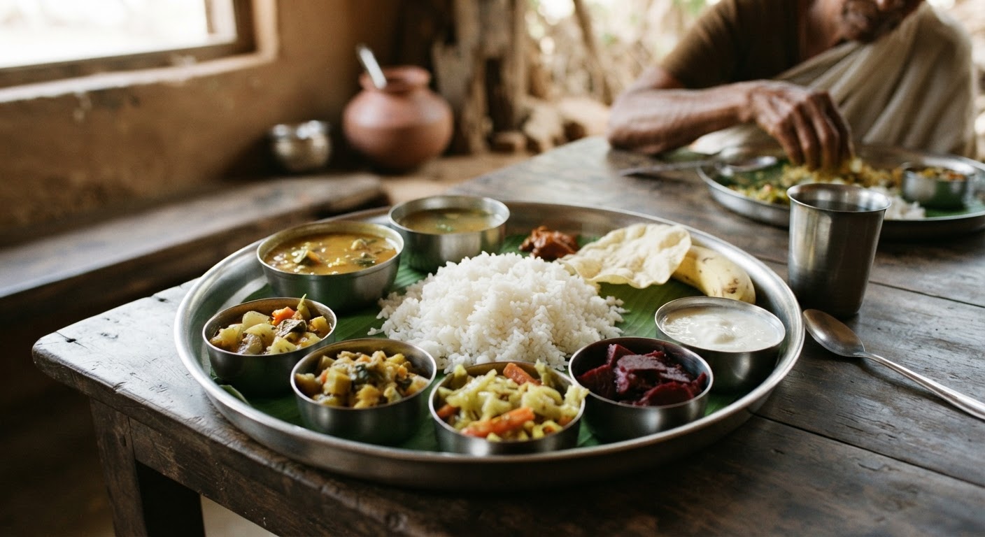 பாரம்பரிய தென்னிந்திய தாழியில் அரிசி, காய்கறிகள் மற்றும் பருப்பு வகைகள் அடங்கிய உணவு.