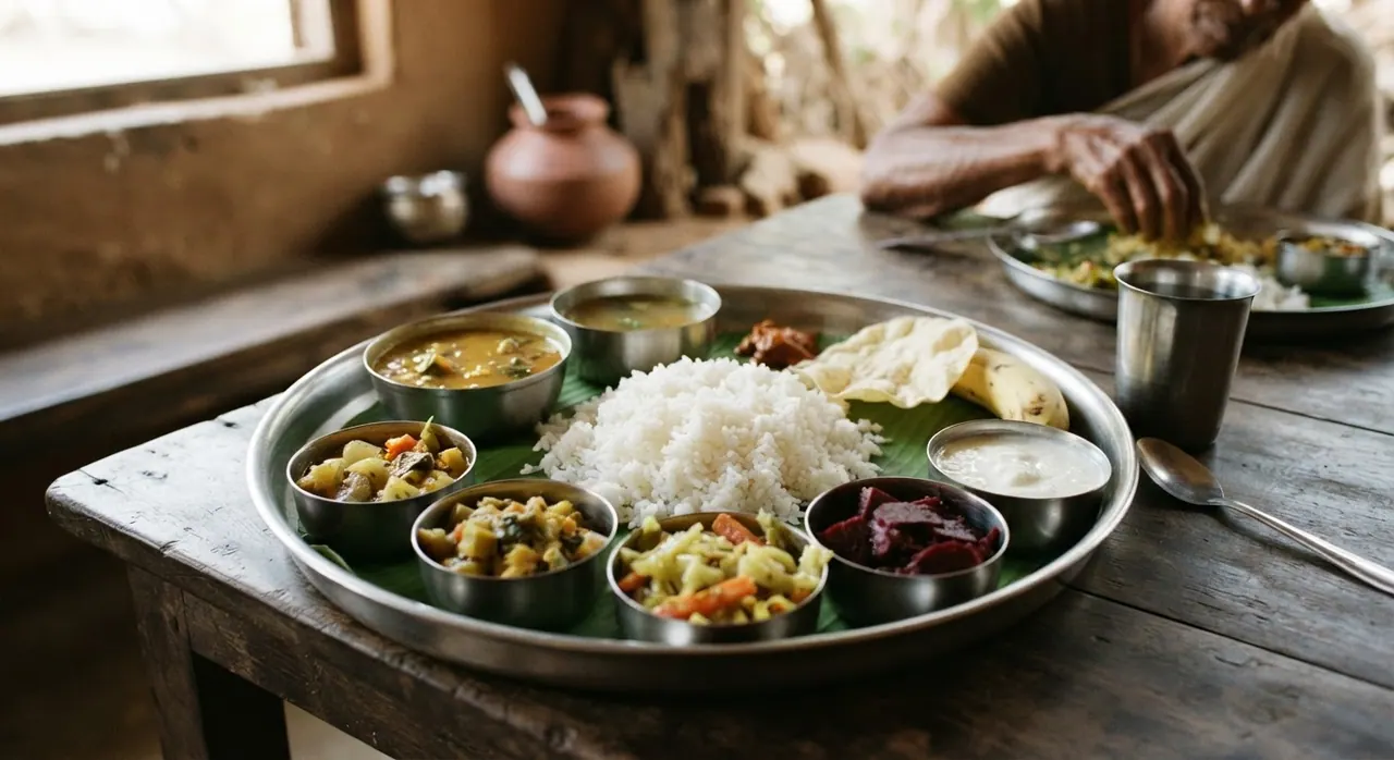 பாரம்பரிய தென்னிந்திய தாழியில் அரிசி, காய்கறிகள் மற்றும் பருப்பு வகைகள் அடங்கிய உணவு.
