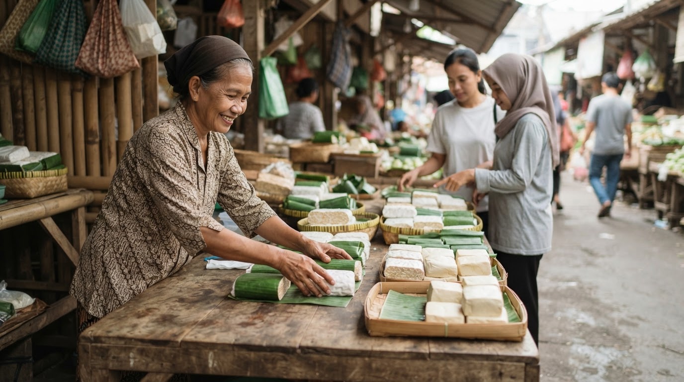 Stan pasar Indonesia yang menjual tempe dan tahu segar
