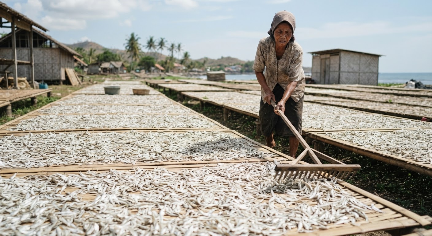 Ikan teri yang dijemur di bawah sinar matahari adalah camilan kaya kalsium yang populer di banyak daerah pesisir Indonesia.
