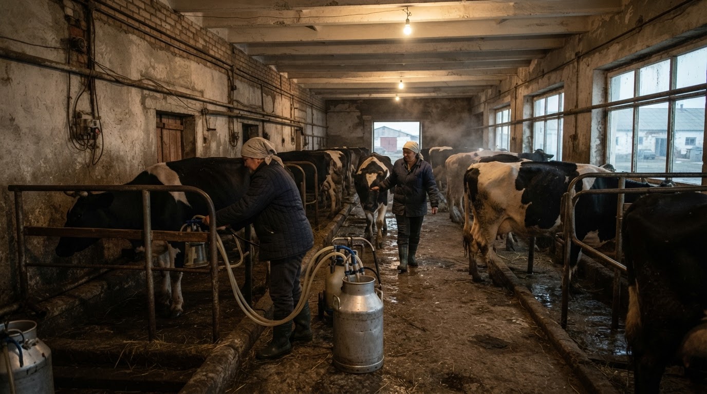 Ескірген сүт фермасының көрінісі, кеңес дәуіріндегі ауыл шаруашылығын елестетеді