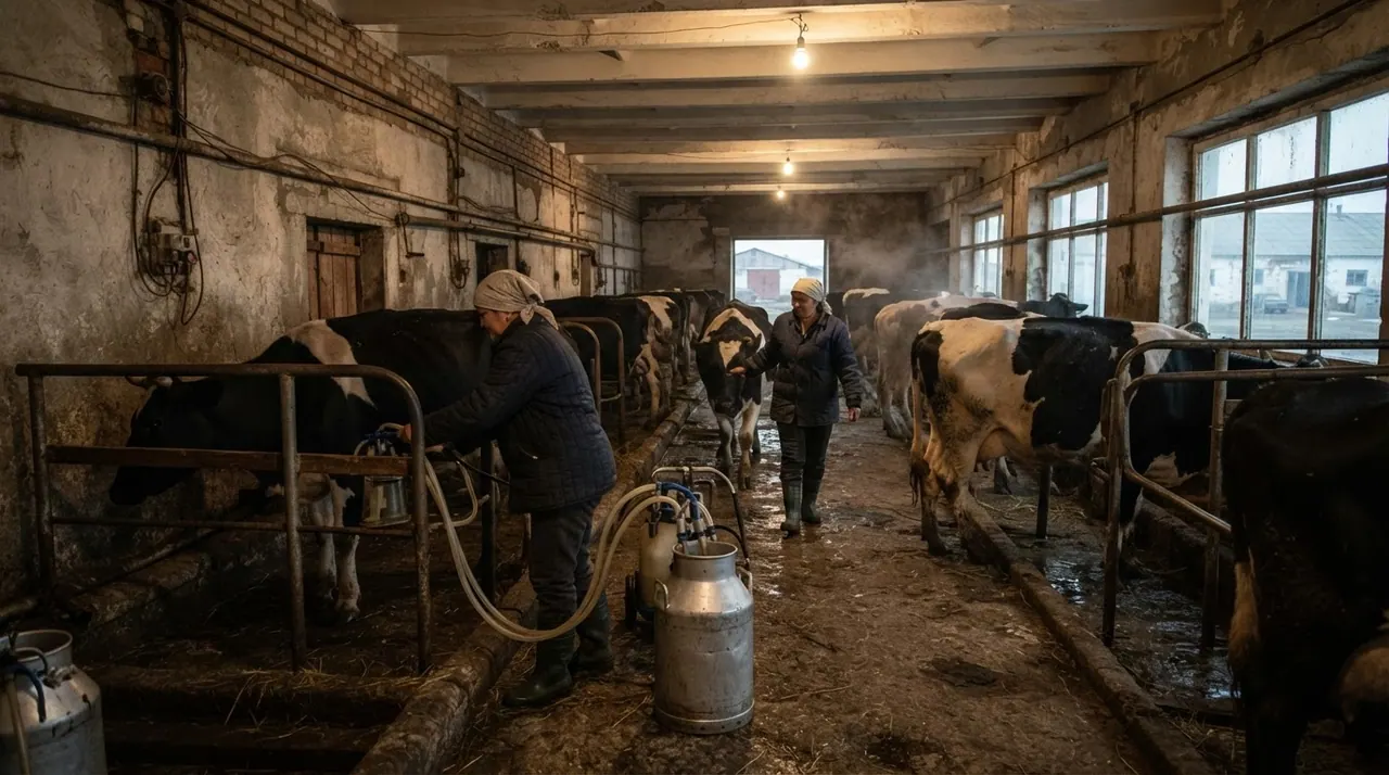 Ескірген сүт фермасының көрінісі, кеңес дәуіріндегі ауыл шаруашылығын елестетеді