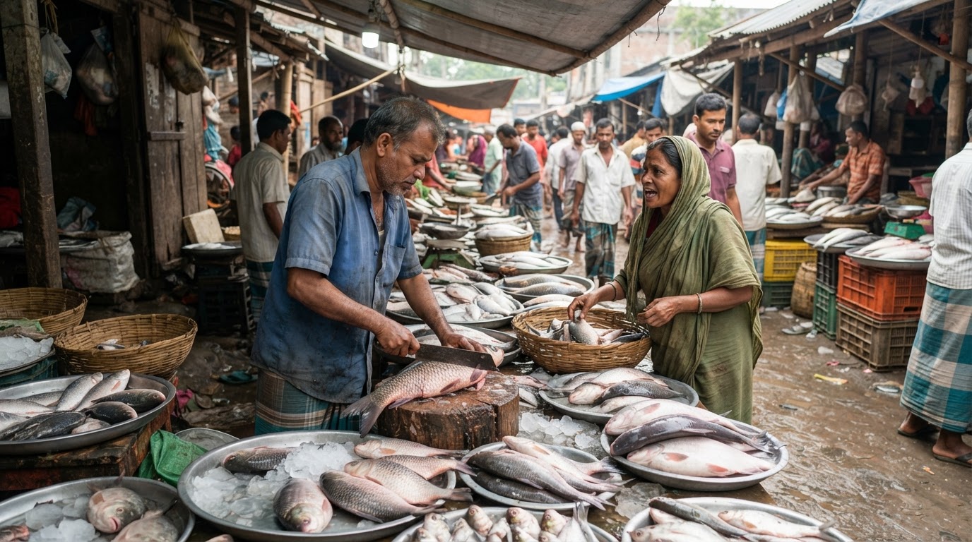 বাংলাদেশের একটি ব্যস্ত মাছের বাজারে তাজা মাছ বিক্রি হচ্ছে