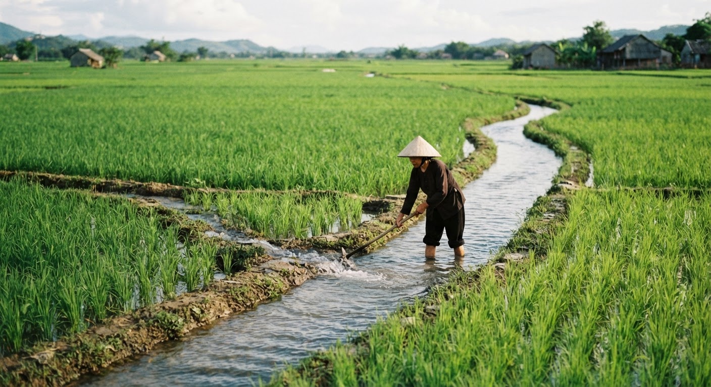 Cánh đồng lúa xanh mướt với kênh tưới tiêu ở Việt Nam, thể hiện sự phụ thuộc vào nguồn nước sạch.