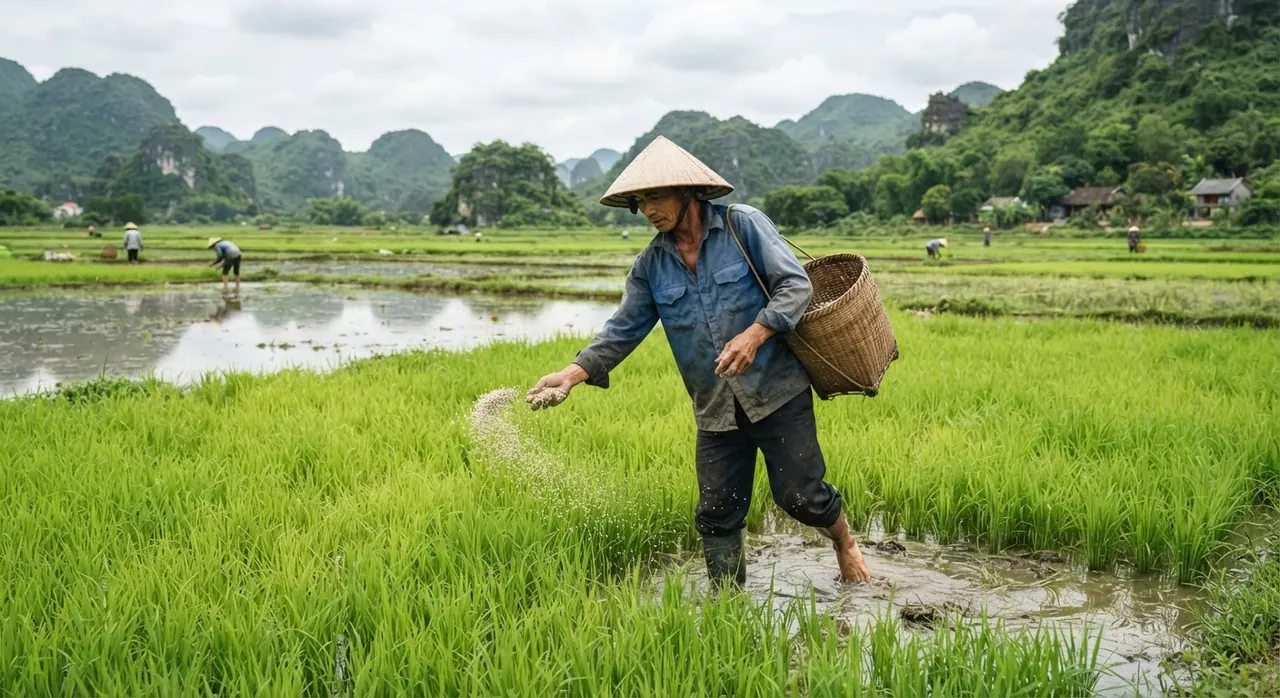 Người nông dân bón phân trên ruộng lúa, cần áp dụng các phương pháp quản lý để giảm thiểu thất thoát dinh dưỡng.