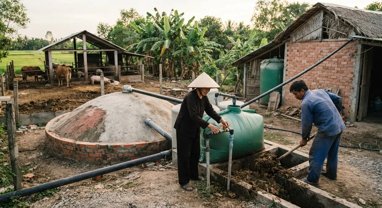Hầm biogas trên trang trại nông thôn Việt Nam, biến chất thải thành năng lượng và phân bón hữu cơ.