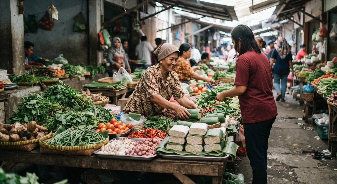 Stan pasar Indonesia yang menjual berbagai macam sayuran segar dan tempe