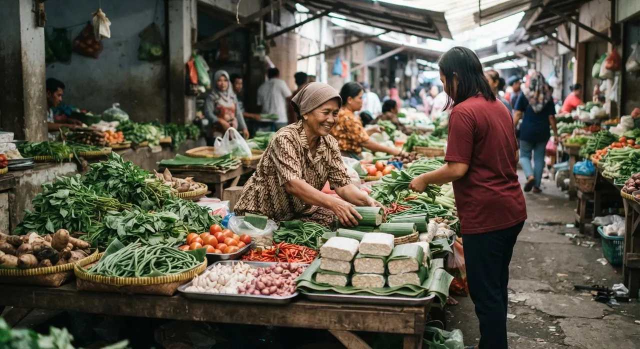 Stan pasar Indonesia yang menjual berbagai macam sayuran segar dan tempe