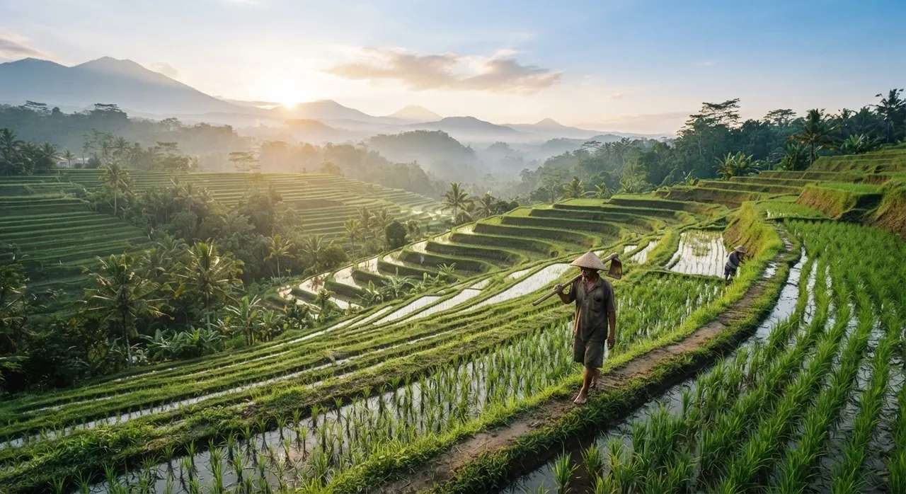 Pemandangan sawah terasering di Bali, menunjukkan lanskap pertanian yang subur di Indonesia.