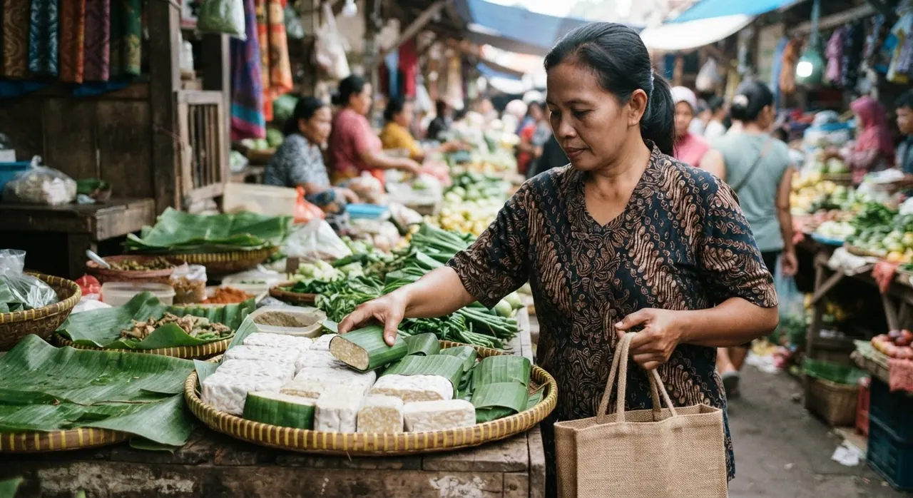 Seorang wanita memilih tempe di pasar tradisional Indonesia, menunjukkan keanekaragaman produk nabati yang tersedia.