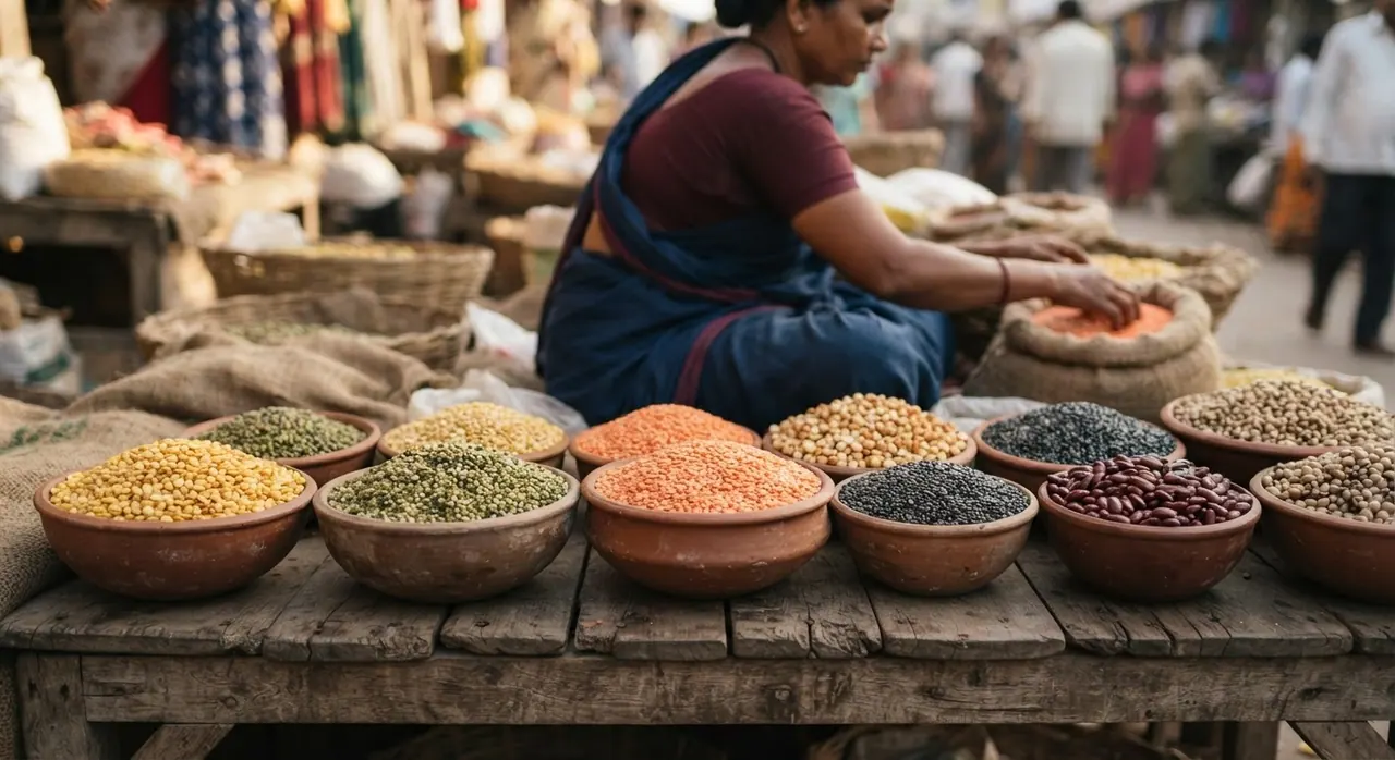 विभिन्न प्रकार की भारतीय दालें और फलियाँ, वीगन आहार का मुख्य आधार।