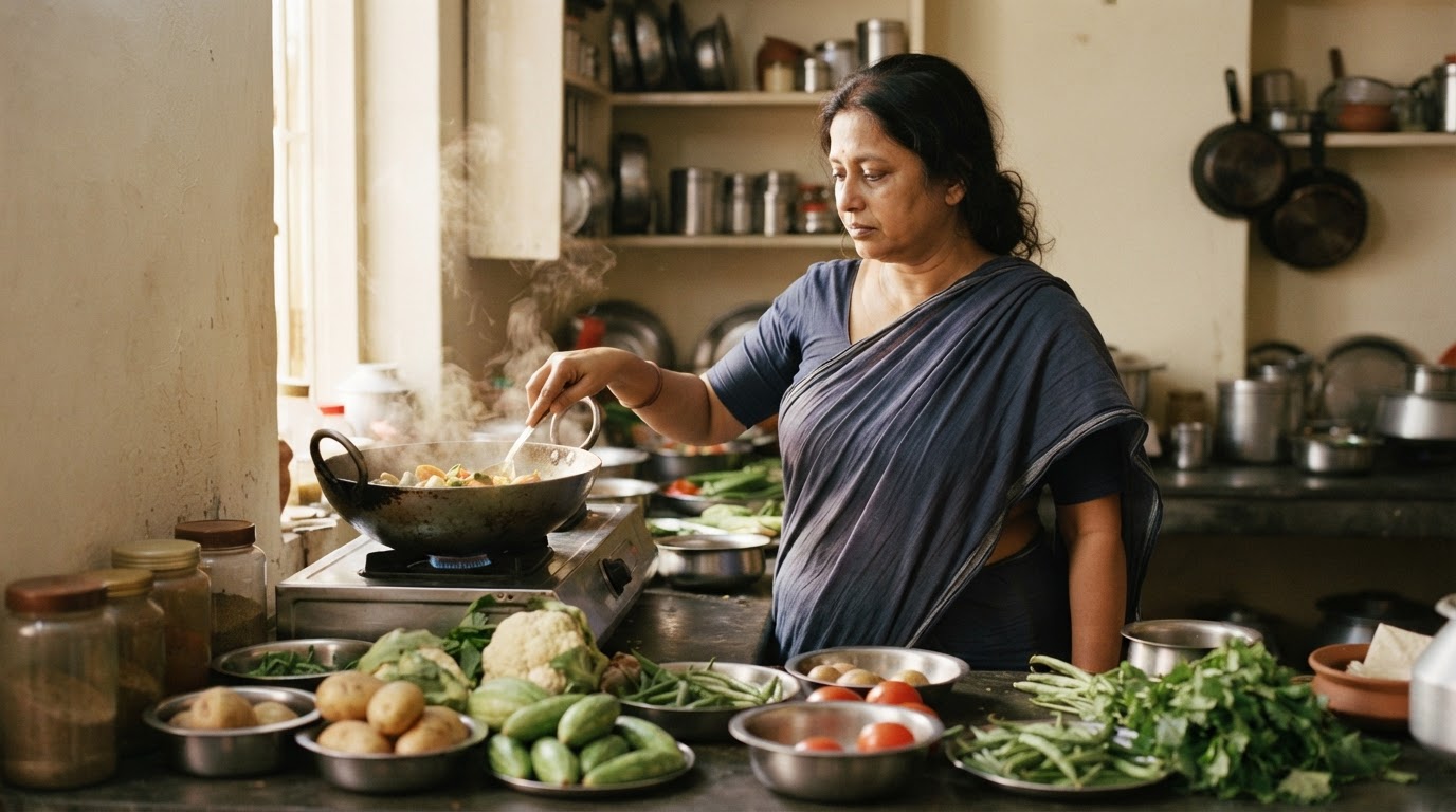 একজন বাঙালি মহিলা তার রান্নাঘরে সবজি রান্না করছেন