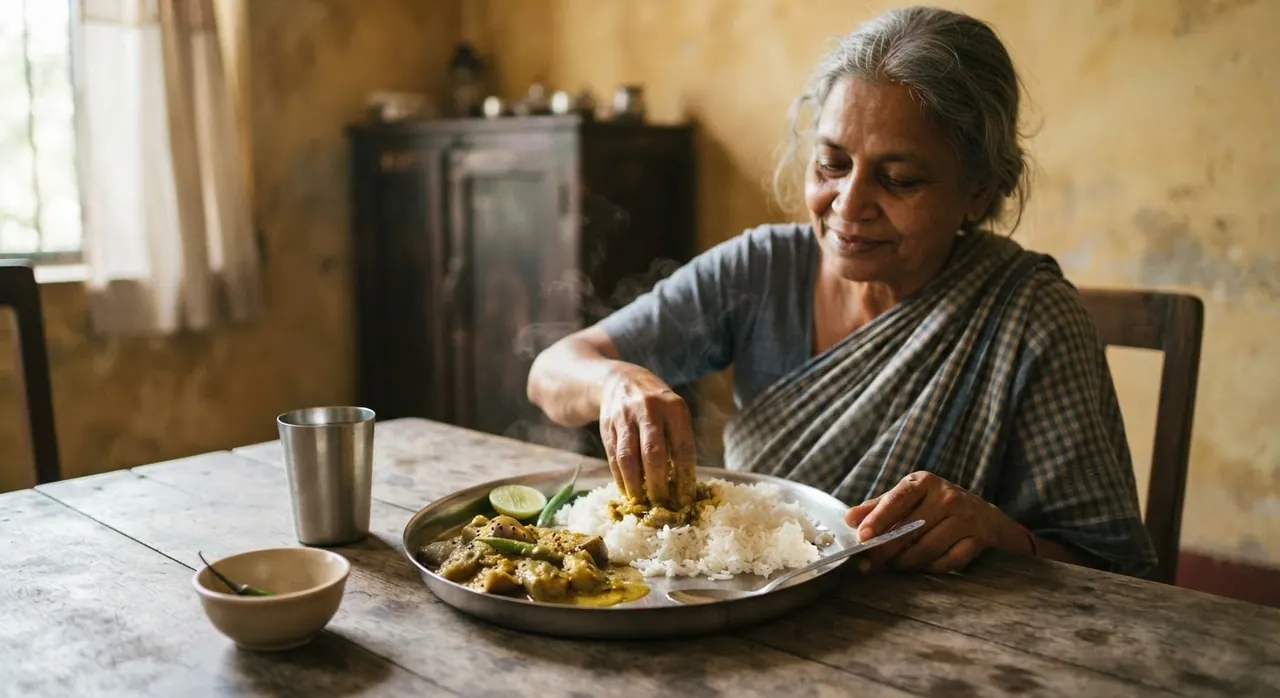 সর্ষে বাটা দিয়ে ভাত, একটি জনপ্রিয় বাঙালি পদ যা সহজেই ভেগান করা যায়।