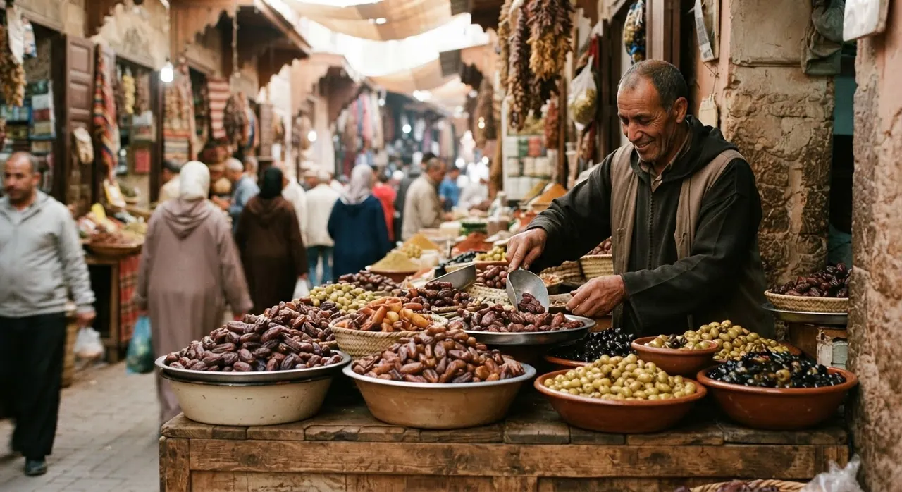 أسواق محلية تعرض منتجات طازجة مثل التمور والزيتون، مما يعكس ثقافة غذائية غنية يمكن تعزيزها.