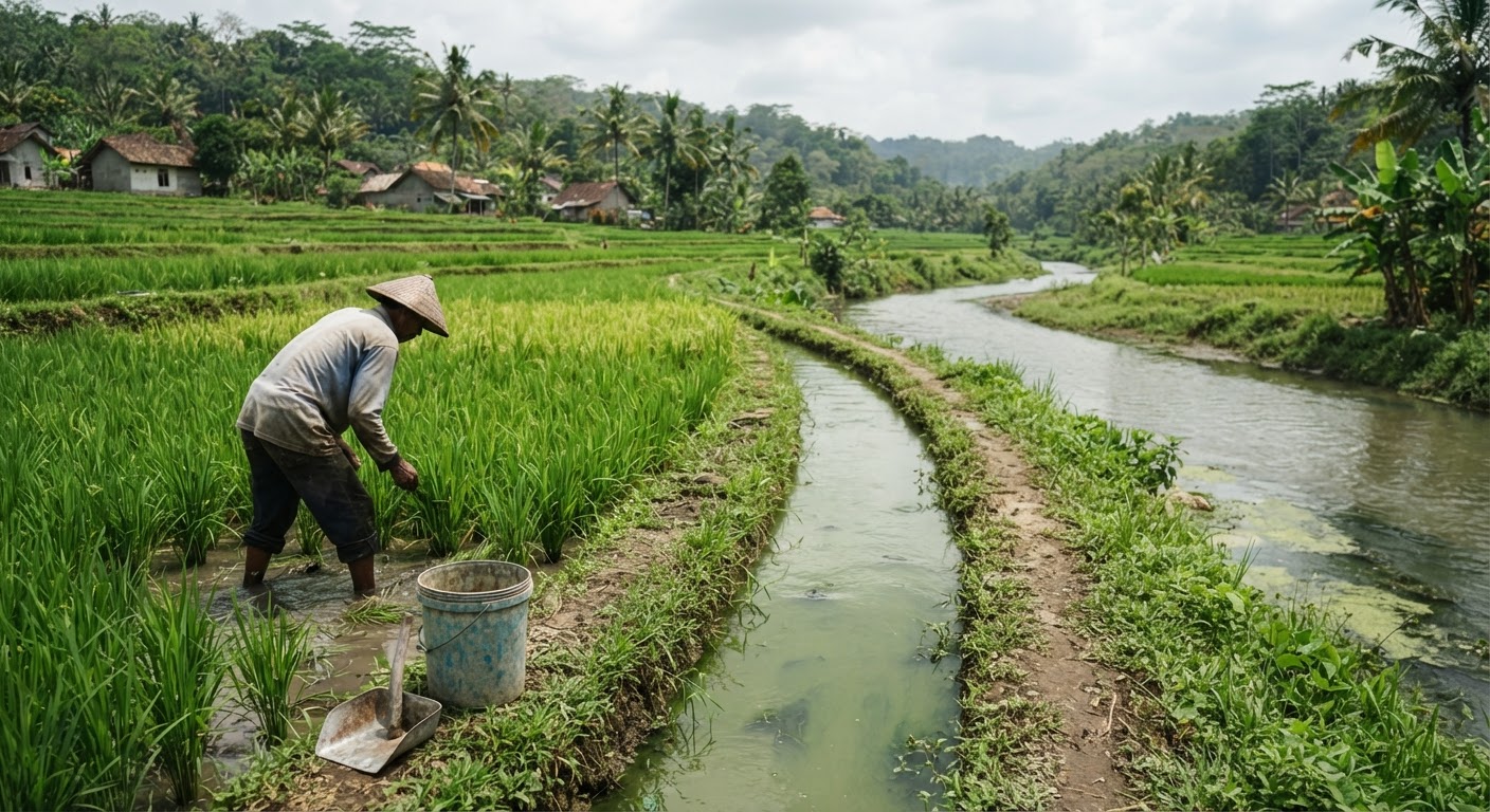Sawah padi hijau subur di Indonesia dengan aliran air yang mengalir di dekatnya, berpotensi membawa pupuk ke badan air.