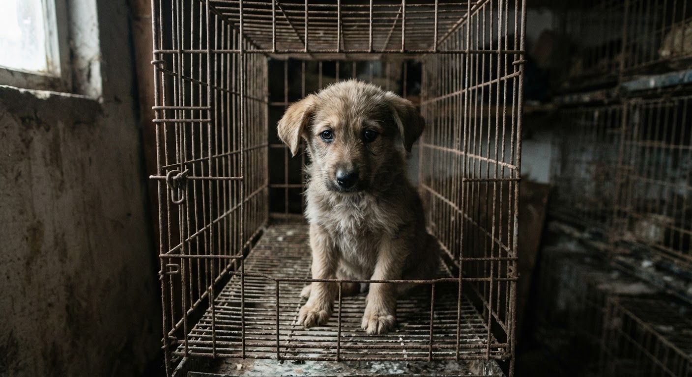 A sad-looking puppy sits alone in a small wire cage, its paws resting on the cold floor.