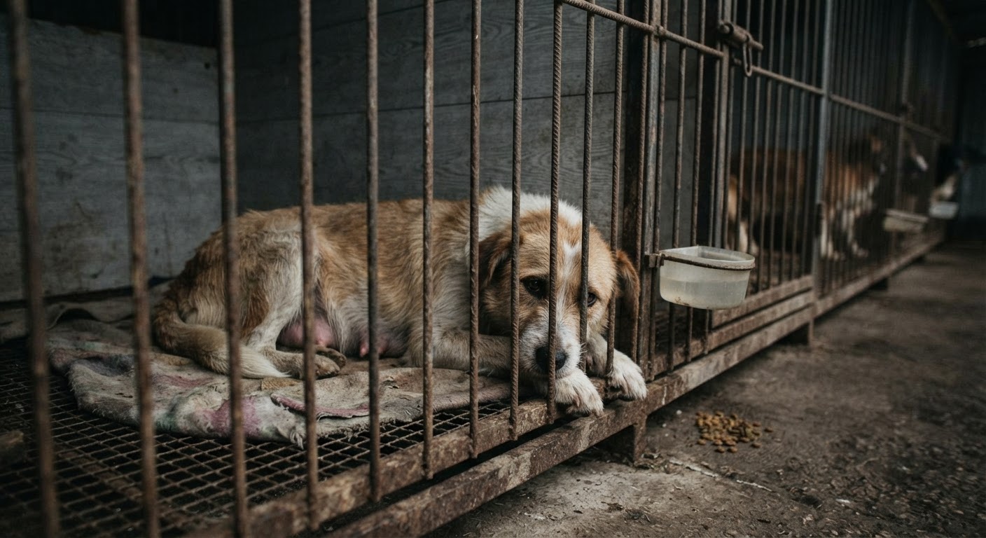 Mother dogs in puppy farms often spend their entire lives in confined spaces, subjected to continuous breeding cycles.