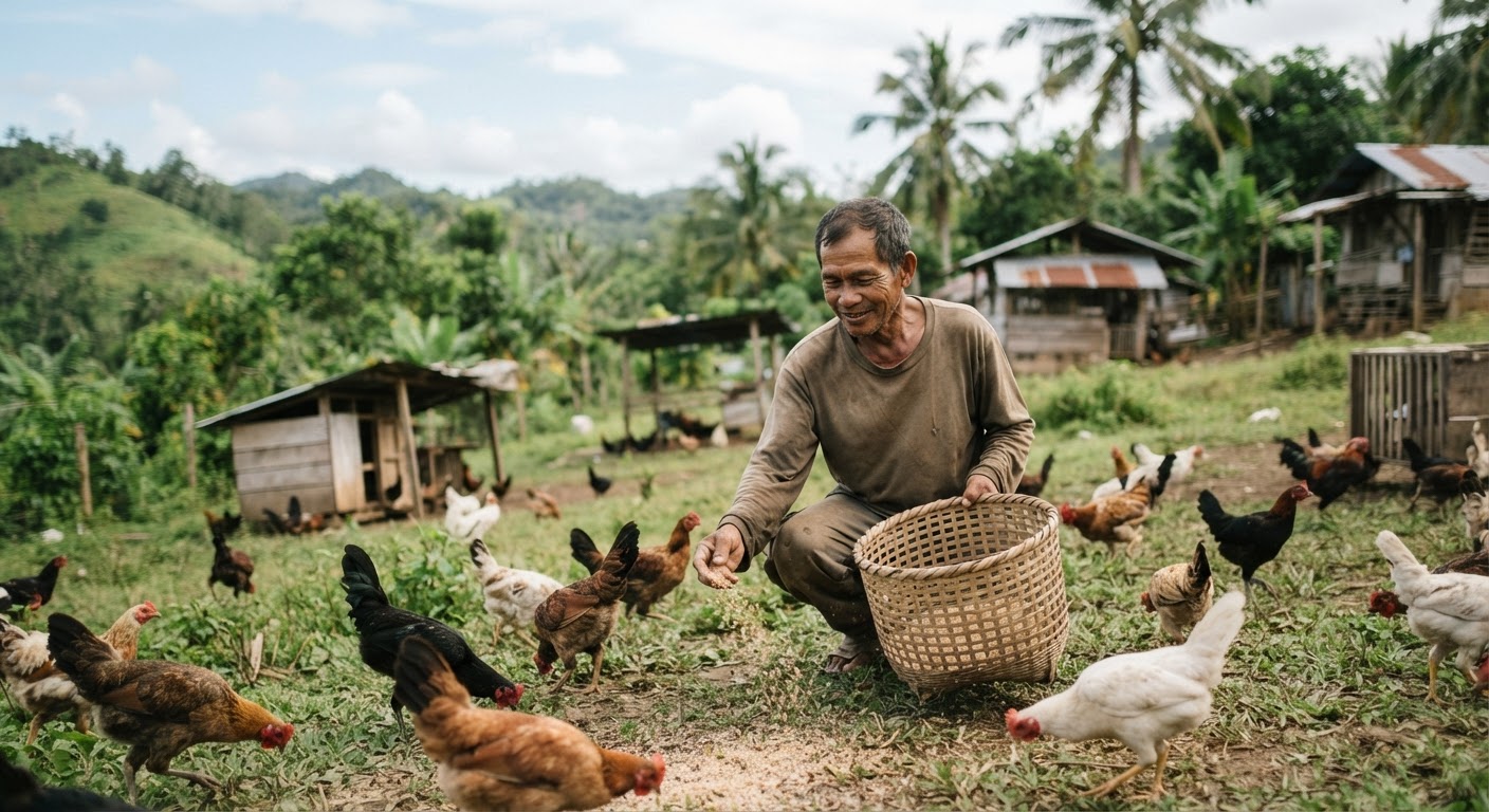 Magsasakang Pilipino na nag-aalaga ng mga manok na malayang nakakagalaw sa isang rural na baryo
