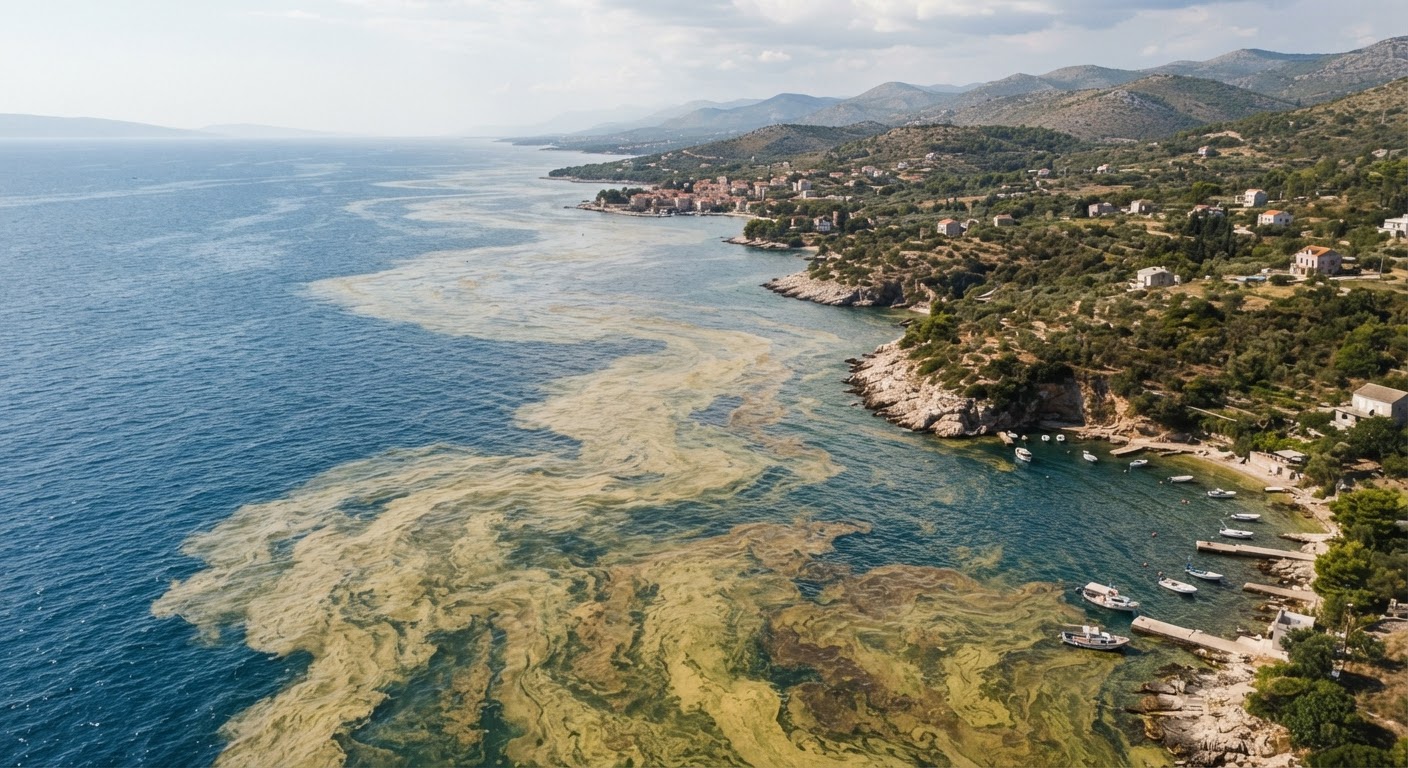 Një pamje nga ajri e një zone të Detit Adriatik të mbuluar nga alga të shumta, shenjë e eutrofikimit.