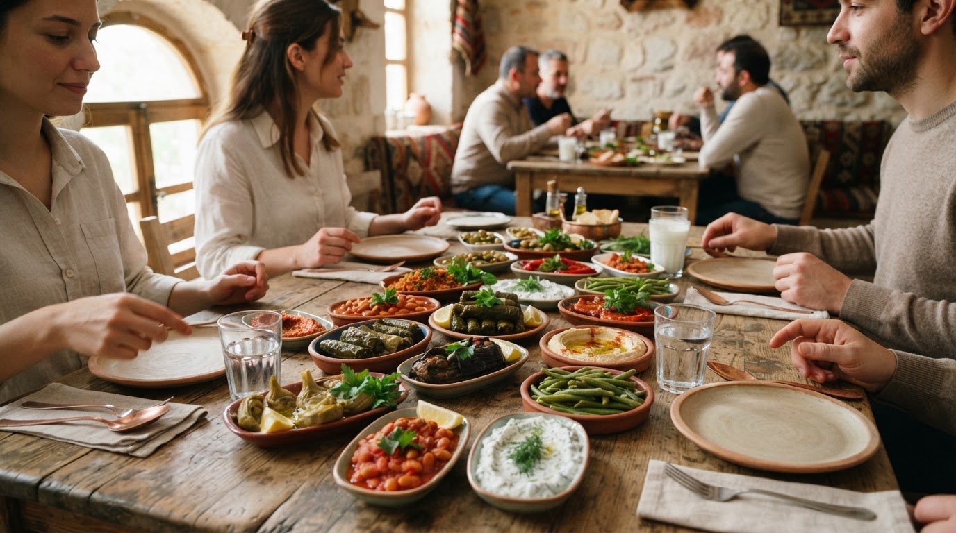 Zeytinyağlılar, baklagiller ve sebzelerle dolu geleneksel bir Türk meze sofrası.