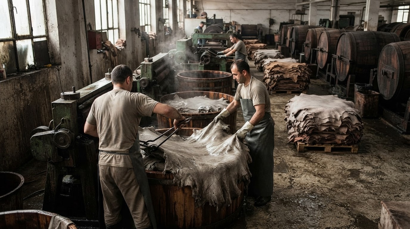 A leather factory / tannery setting