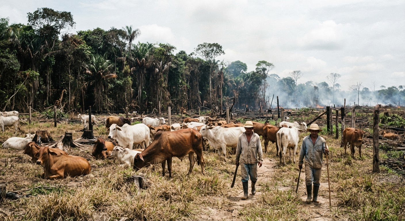 Расширение пастбищ для скота является основной причиной вырубки лесов в Амазонии, подпитываемой спросом на мясо и кожу.