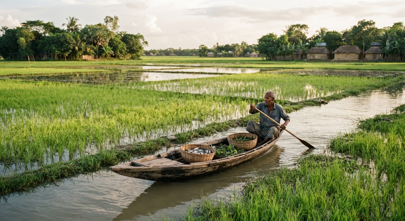 বাংলাদেশের গ্রামীণ ধানক্ষেত এবং ছোট নৌকা