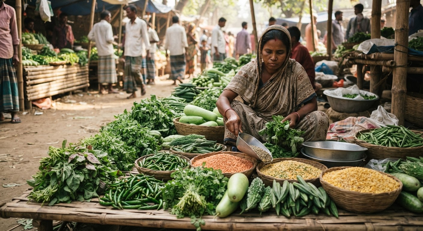 বাজারের তাজা শাকসবজি ও ডাল।