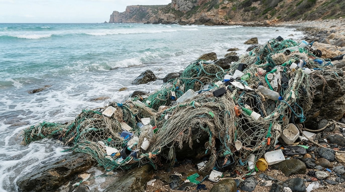 Nyavu za uvuvi zilizotupwa baharini zikichangamana na taka za plastiki.