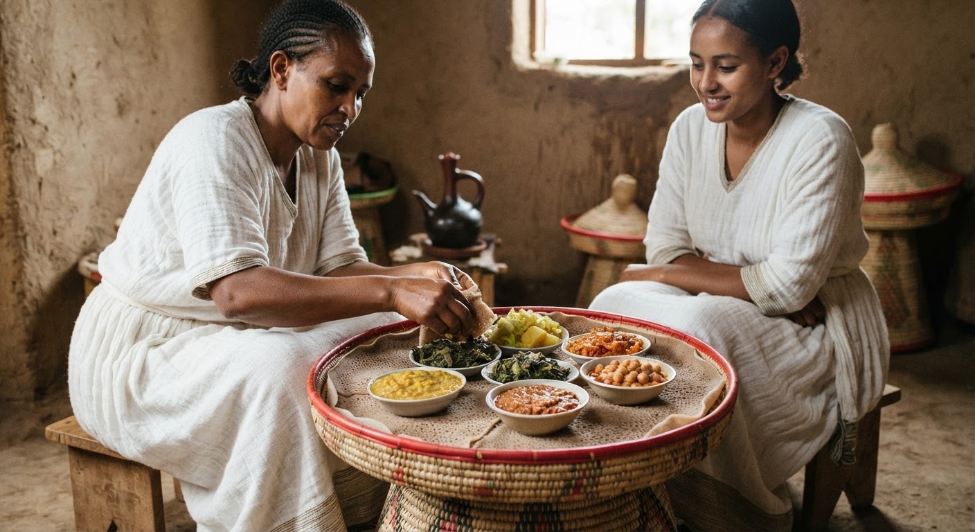 የኢንጀራ እና የተለያዩ የአትክልት ወጦች የኢትዮጵያ የጾም ምናሌ ዋና አካል ናቸው።