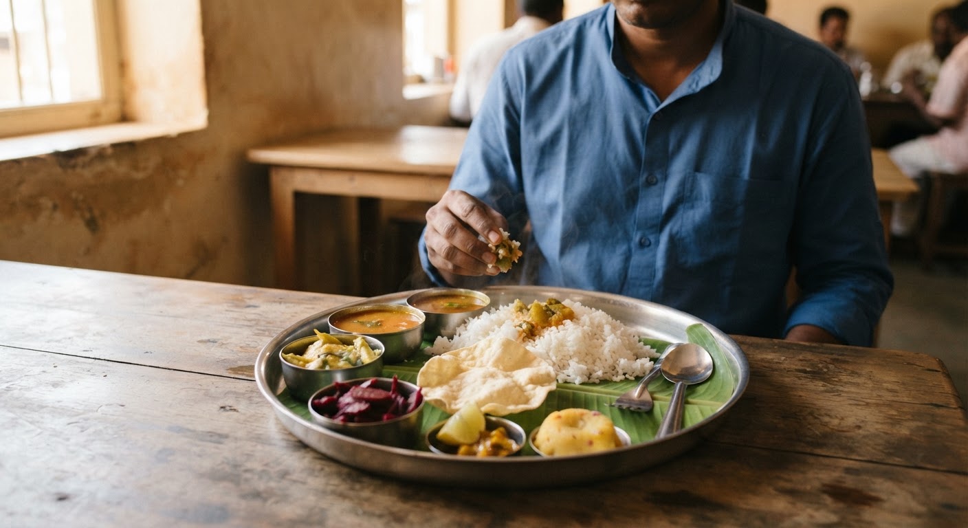 பாரம்பரிய தென்னிந்திய தாளி vegan உணவுகளுடன்.