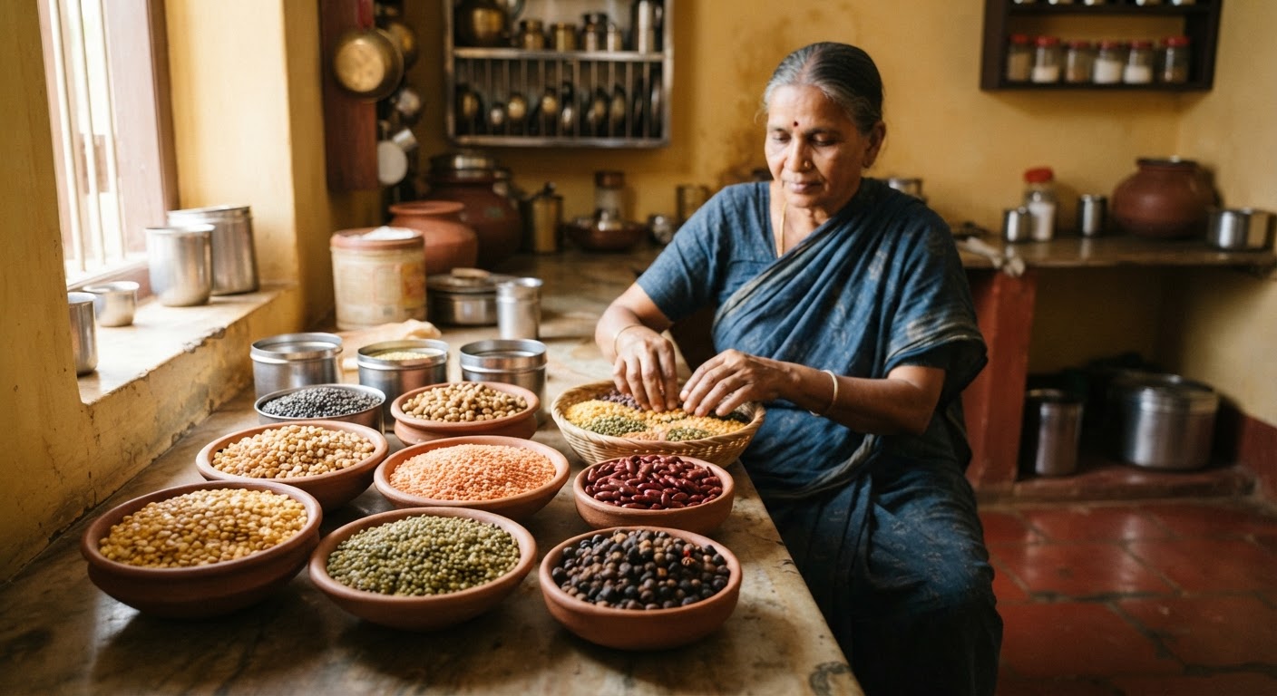 இந்திய சமையலறையில் பல்வேறு பருப்பு வகைகள்.