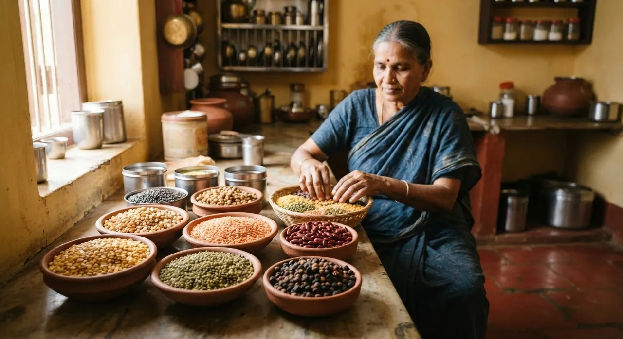 இந்திய சமையலறையில் பல்வேறு பருப்பு வகைகள்.