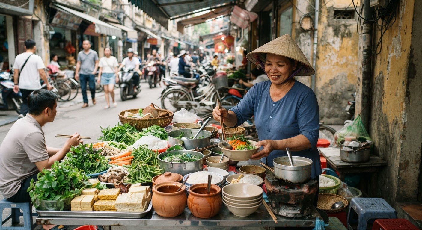 Một quầy hàng bán đồ ăn chay Việt Nam đầy màu sắc với nhiều món ăn hấp dẫn.