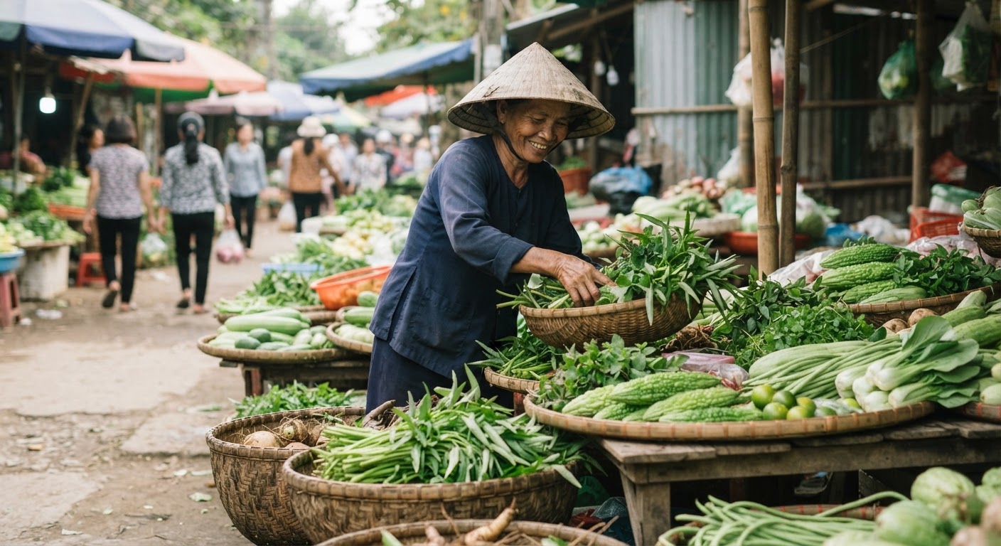 Chợ địa phương là nguồn cung cấp rau củ tươi ngon, theo mùa cho các bữa ăn chay.