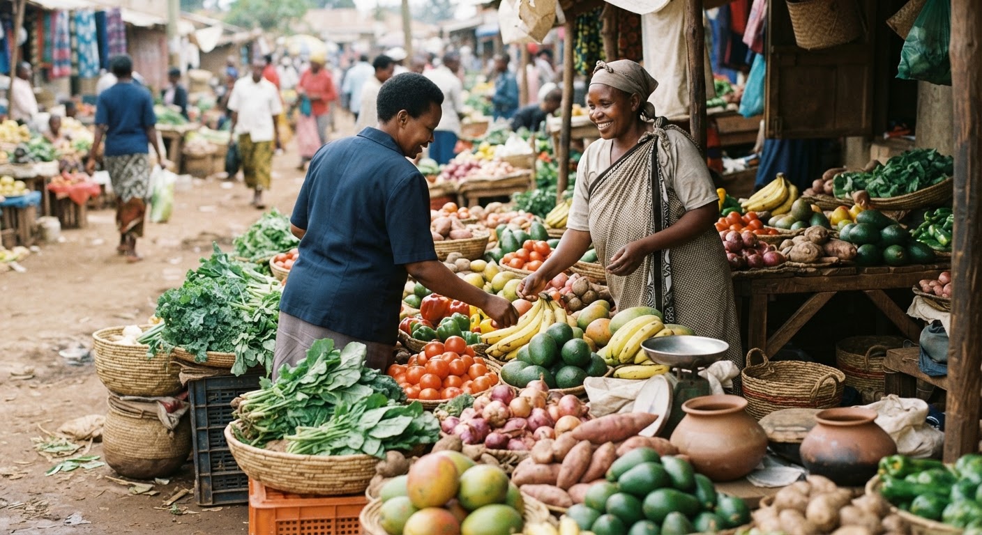 Stuli ya soko la Afrika ikiwa na mazao safi kama vile mboga na matunda, ikiwa na watu wakifanya manunuzi.