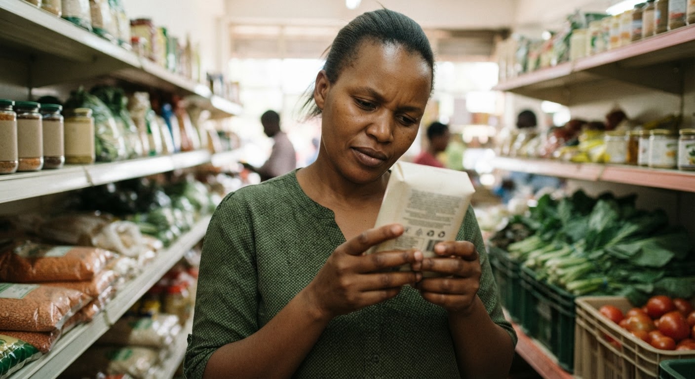 Mwanamke akisoma lebo ya lishe kwenye duka la bidhaa nchini Kenya, akijitahidi kuelewa maudhui.